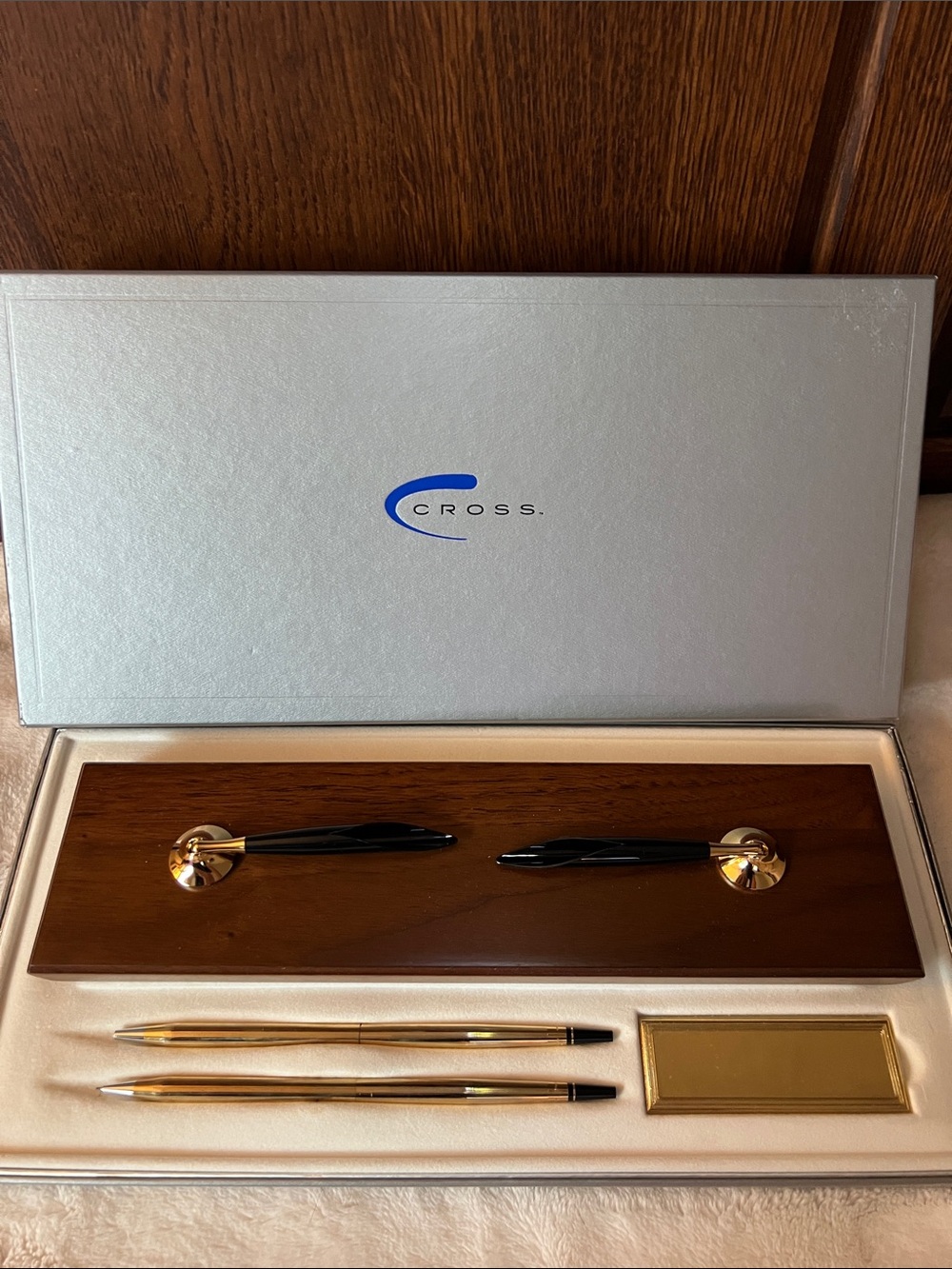 Vintage CROSS 10k Gold Filled Pen/Pencil Walnut Base Desk Set /Engravable Plate